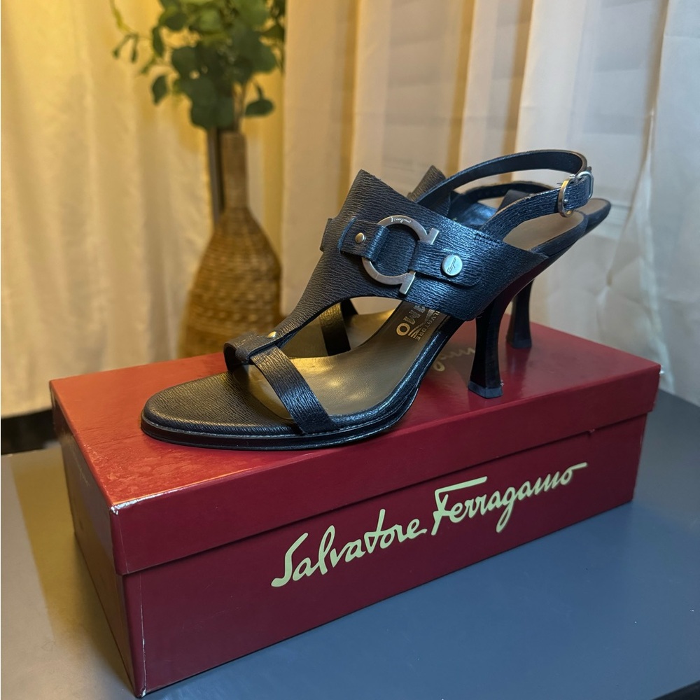 Salvatore Ferragamo black leather sandal heels with silver buckle / Mule Clog